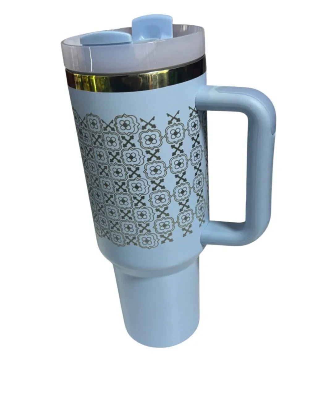 Stanley Engraved Tumbler with Handle, Light Blue Floral Pattern
